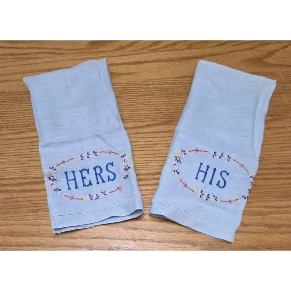 2 Vtg Embroidered Blue HIS & HERS Linen Towels or Dresser Toppers Cottage Core